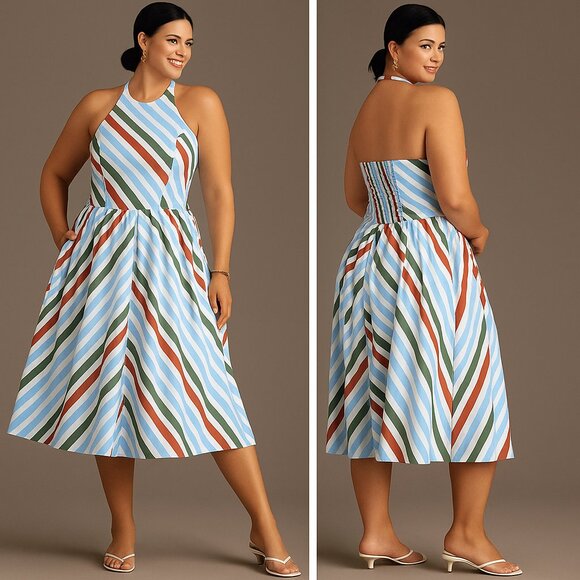 NWT Anthropologie Maeve Halter Midi Sundress Neutral Motif Stripe Preppy Large - Picture 1 of 11